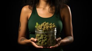 Femme tenant un pot rempli de cannabis CBD