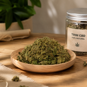 Trim VS Small Buds : Quelle différence pour votre budget CBD ? 2 Trim de CBD gros plan montrant un mélange de feuilles de manucure et de petits morceaux de têtes résineuses